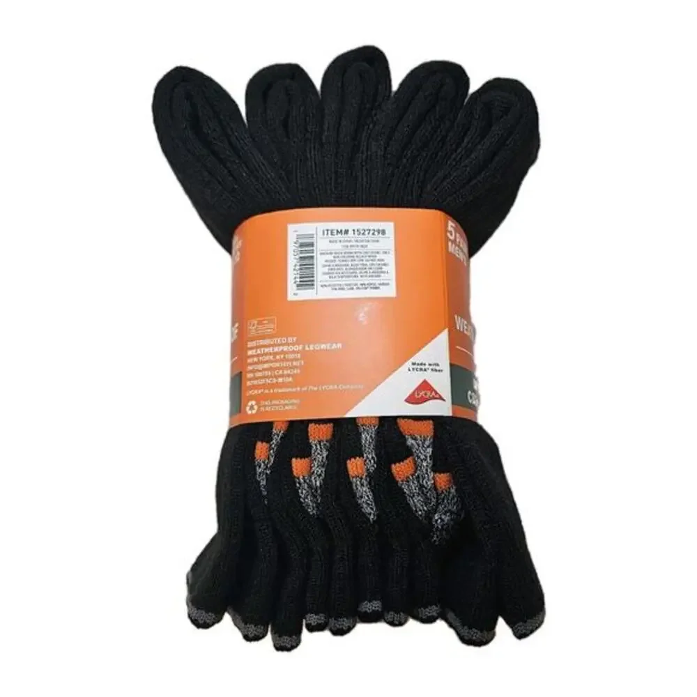Weatherproof 5 pack Outdoor Wool Blend Crew‎ Sock Size 6-12 Black Gray Heel /New